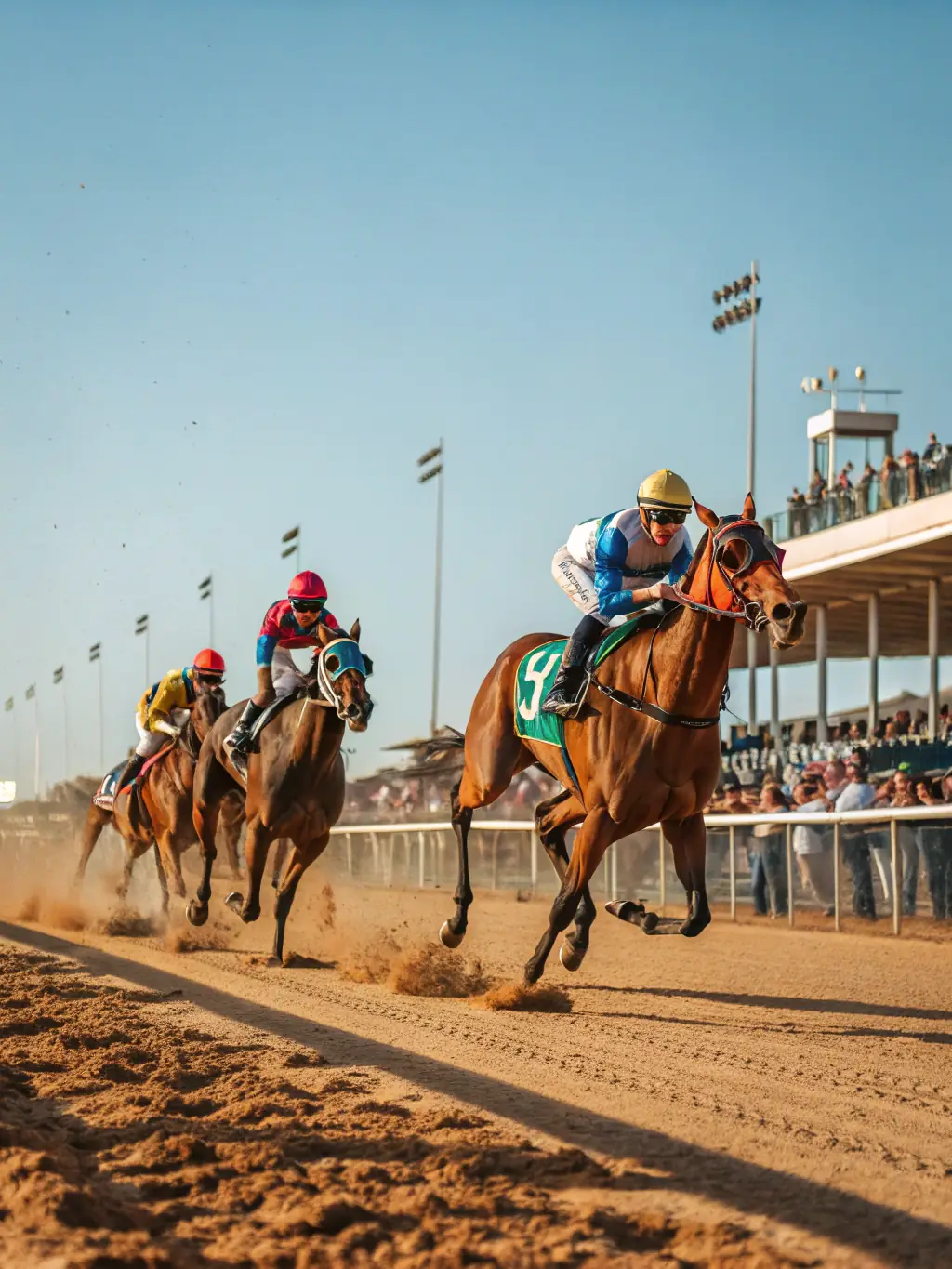 A vibrant scene from an equestrian competition organized by CAVAL 'AUNIS', featuring riders and horses in action, with spectators cheering in the background.