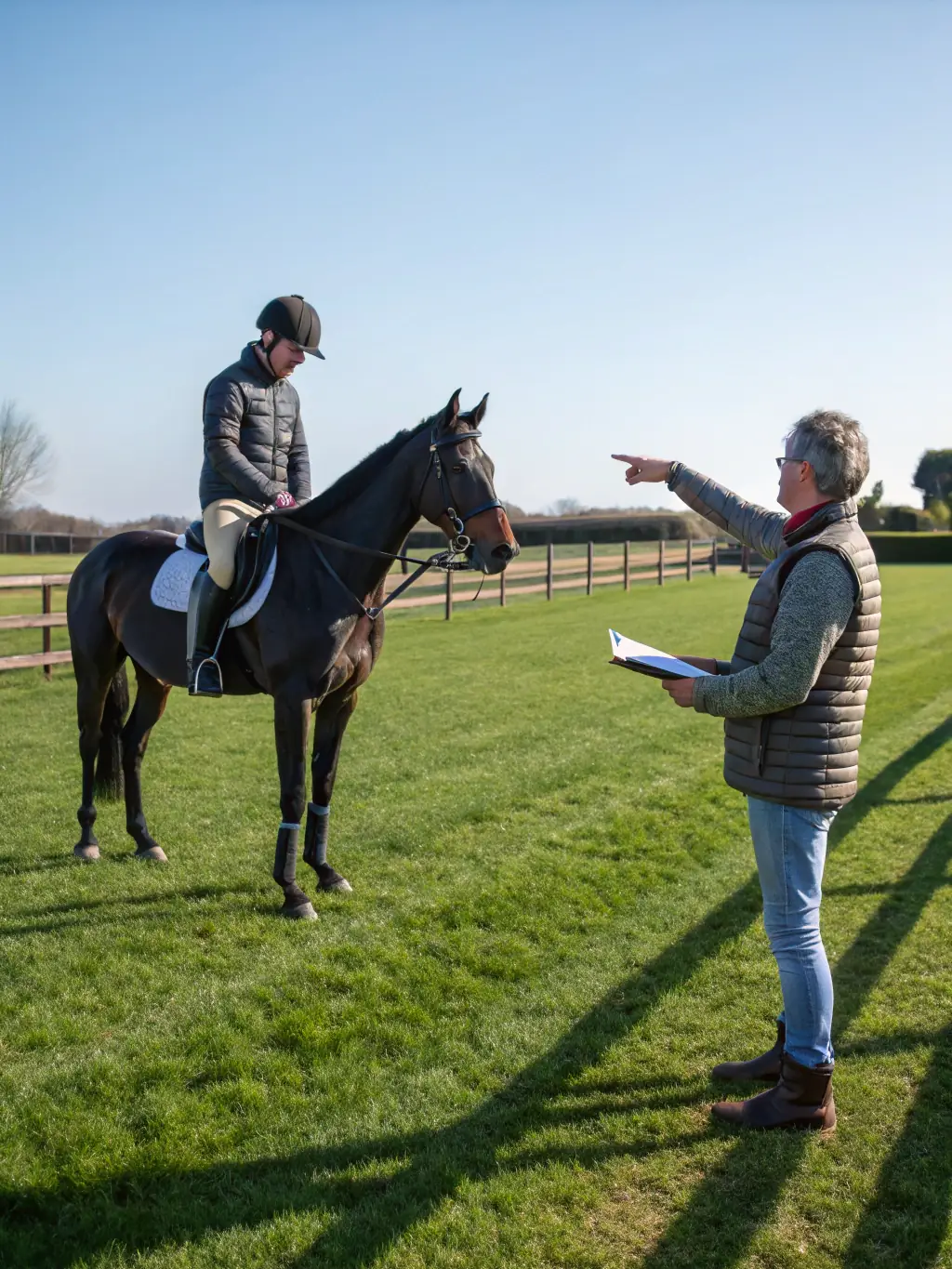 A focused image of a training session at CAVAL 'AUNIS, with an instructor guiding a rider on proper techniques, emphasizing the learning and skill development aspects.