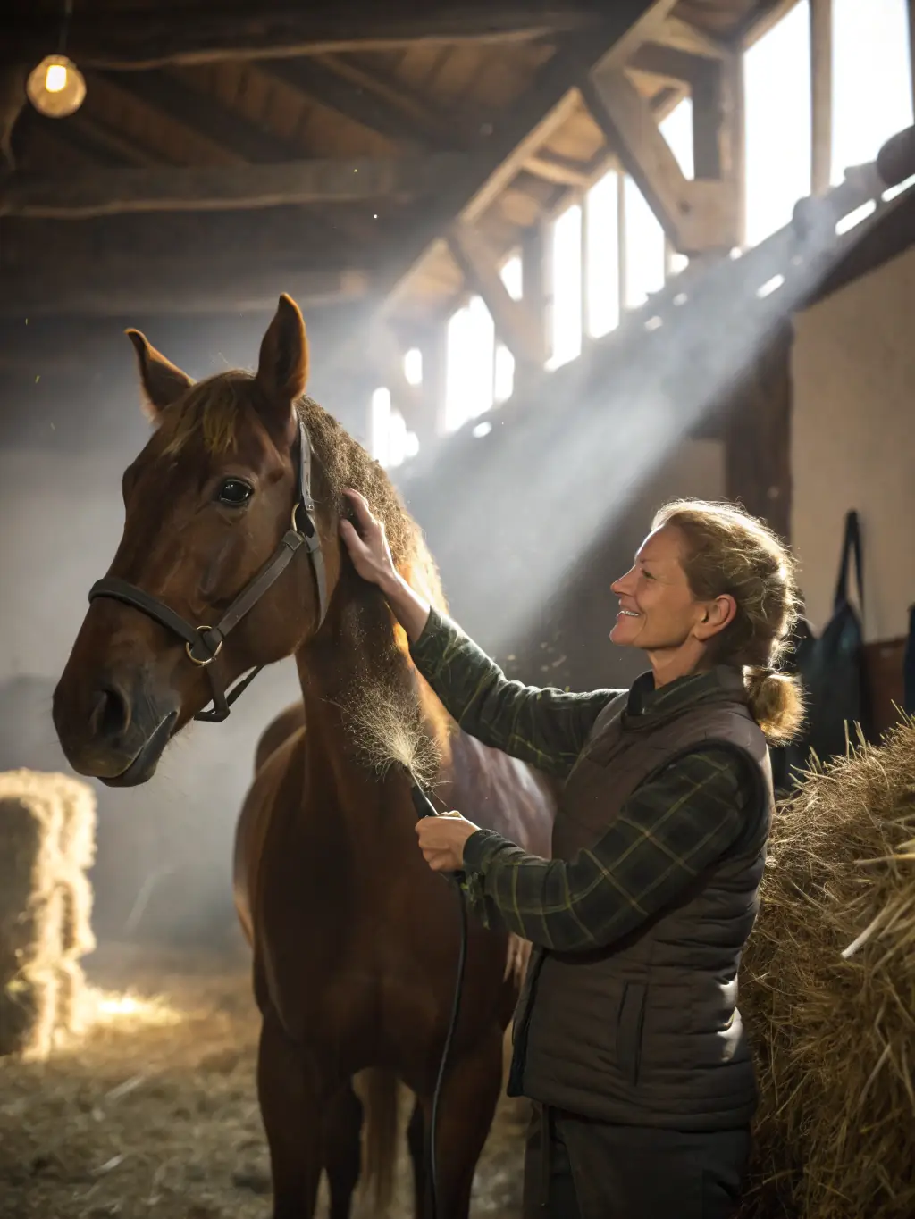 A close-up shot of a horse being groomed and cared for at the Saint-Cyr du Doret stable, highlighting the importance of animal welfare and responsible horsemanship.