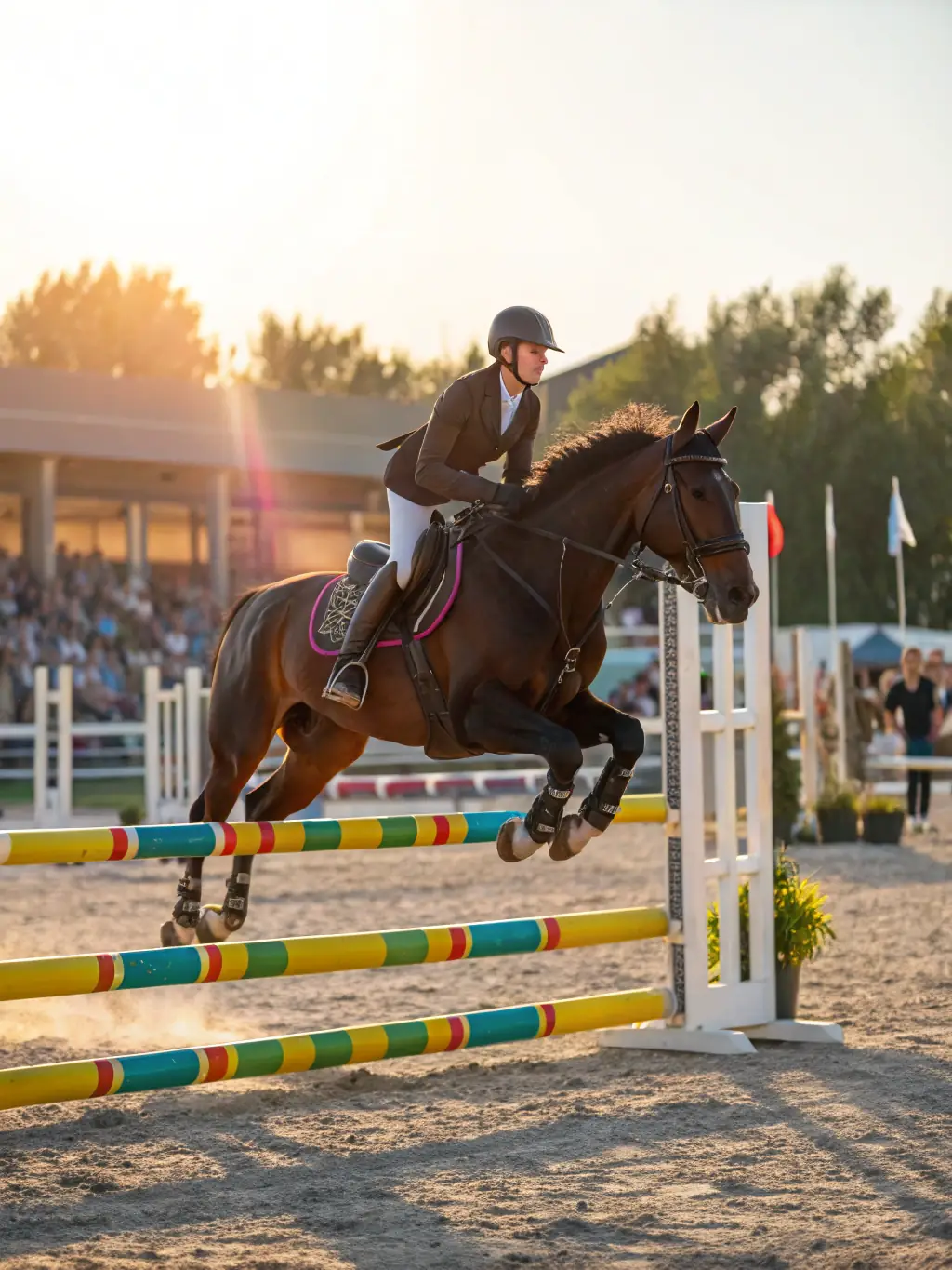 A dynamic image of riders competing in a show jumping event organized by CAVAL 'AUNIS, highlighting the skill and excitement of equestrian competitions.