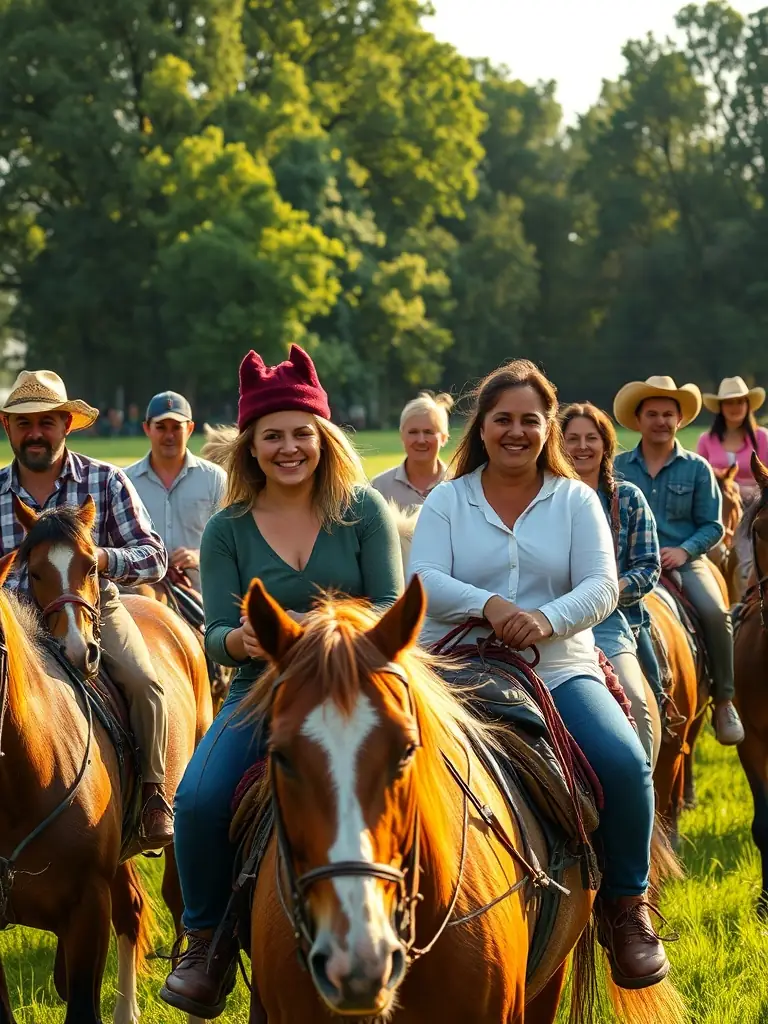 A group of children and adults participating in a community riding workshop, smiling and engaging with horses.