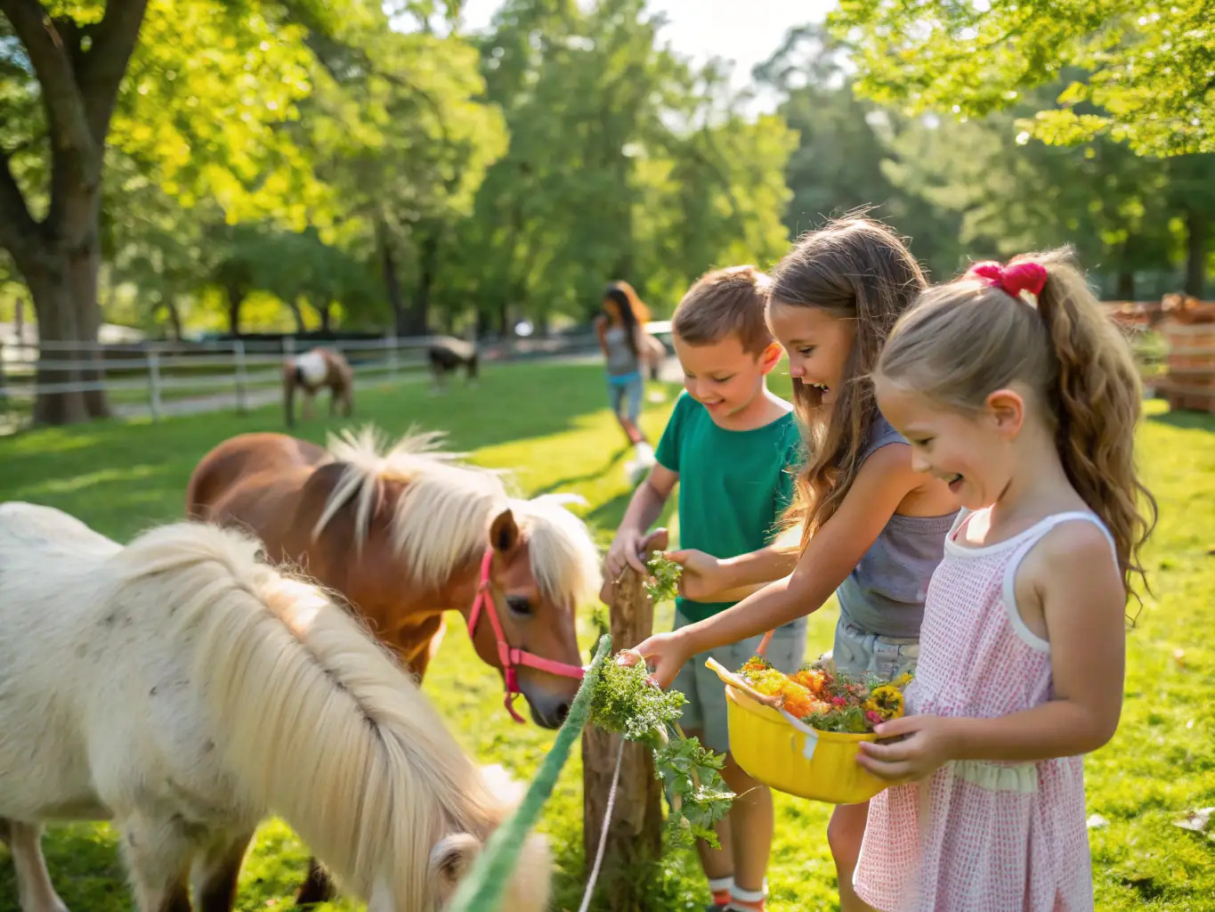 A heartwarming image of a CAVAL 'AUNIS community engagement program, featuring children and adults interacting with horses in a safe and supervised environment. The image emphasizes the inclusive and educational nature of the program.