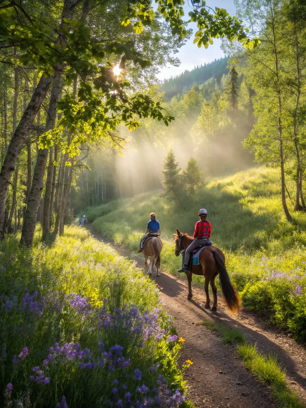 A serene photo of individuals enjoying a leisurely horseback ride through the scenic trails near Saint-Cyr du Doret, emphasizing the relaxation and connection with nature.