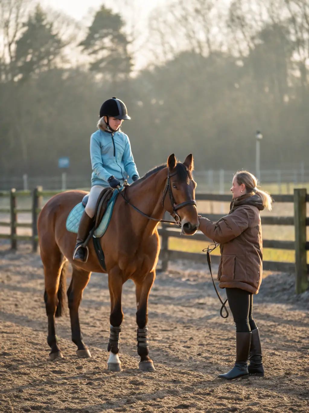 A rider practicing on a well-maintained riding arena with a trainer guiding them.