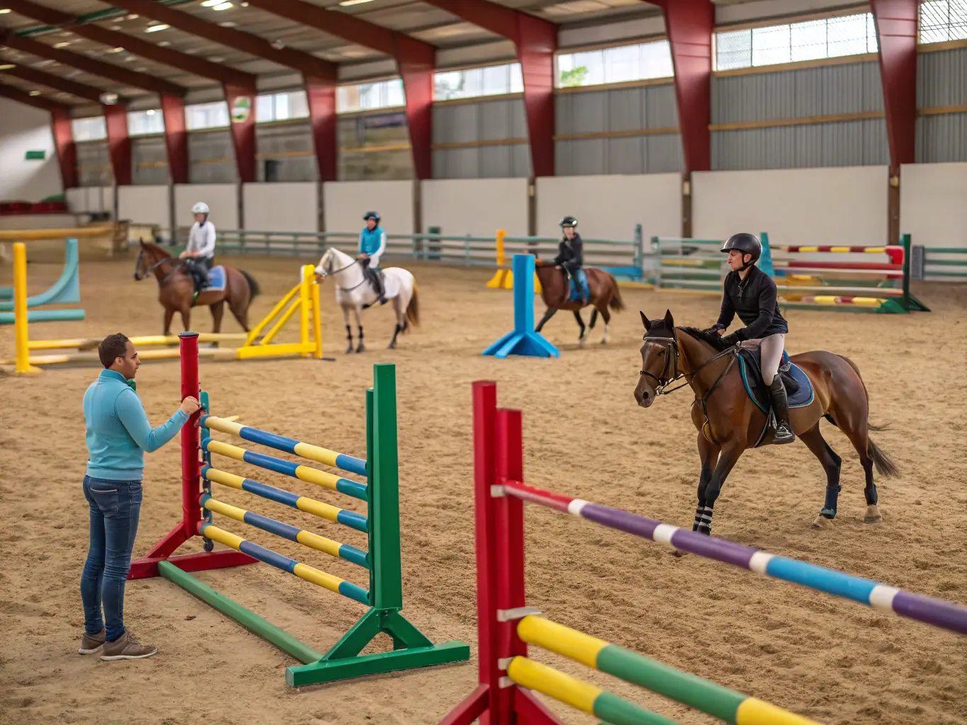 A vibrant image of an equestrian event organized by CAVAL 'AUNIS, showcasing riders competing in a show jumping competition with spectators cheering in the background. The image captures the excitement and energy of the event.