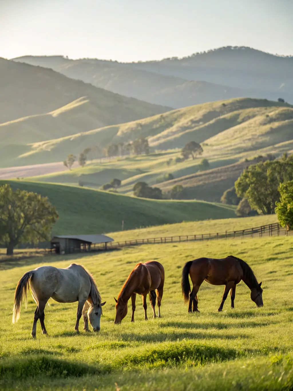 A scenic view of horses grazing peacefully in a lush pasture, emphasizing the natural and serene environment of CAVAL 'AUNIS.